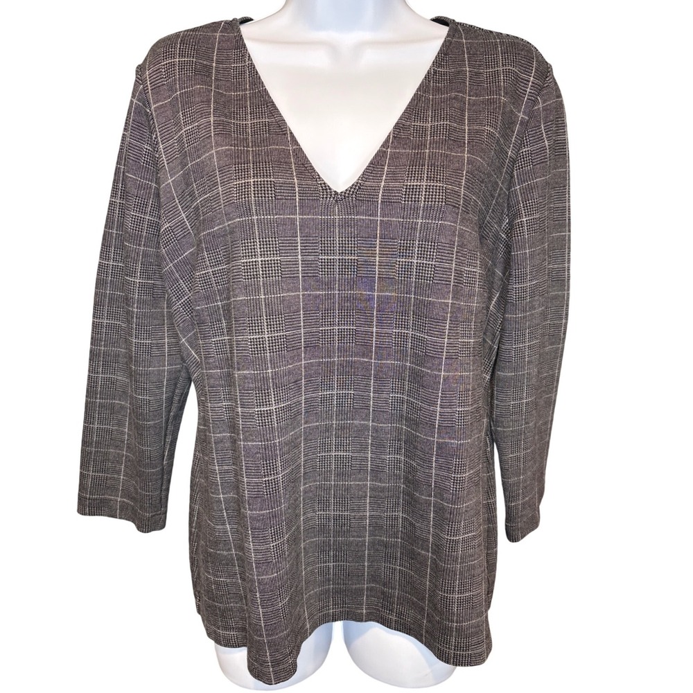 Ann Taylor Womens Black Gray Glen Plaid V-Neck Ponte Knit Top Office Wear Preppy